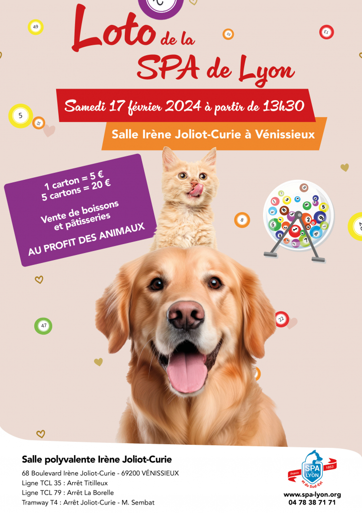 Loto de la SPA de Lyon Samedi 17 février à partir de 13h30 à la salle Irène Joliot-Curie de Vénissieux. 1 carton = 5€ 5 cartons = 20€. Vente de boissons et pâtisseries. Évènement au profit des animaux. Plus d'informations sur www.spa-lyon.org